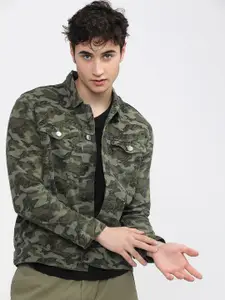 HIGHLANDER Men Olive Green Camouflage Tailored Jacket