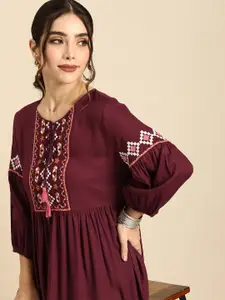 all about you Women Maroon & Mustard Yellow Ethnic Motifs Embroidered A-Line Midi Dress