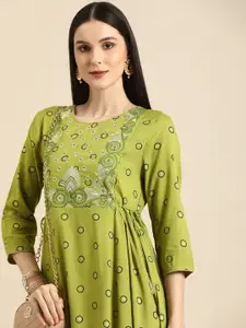 all about you Green Printed Ethnic A-Line Midi Dress with Waist T-e-Ups