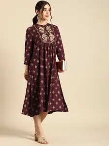 all about you Women Maroon & Gold-Toned Ethnic Motifs Printed Empire Midi Dress