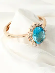 GIVA 925 Sterling Silver Rose Gold Plated Aqua Blue Halo Ring