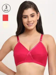 Friskers Pack of 3 Red & Pink Solid Non Wired Medium Coverage Cotton T-shirt Bra