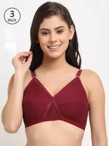 Friskers White & Maroon Pack Of 3 Cotton Bra
