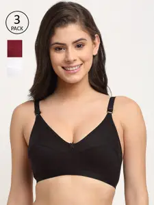 Friskers Pack of 3 White & Maroon Solid Non Wired Medium Coverage Cotton T-shirt Bra