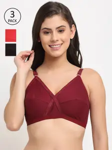 Friskers Woman Pack of 3 Black & Red Non padded Premium Cotton Bra