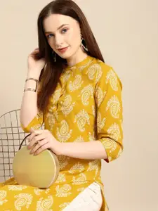 all about you Women Yellow & White Ethnic Motifs Printed Regular Kurta