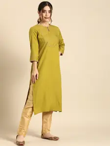 all about you Women Olive Green & Gold-Toned Printed Yoke Design A-Line Kurta