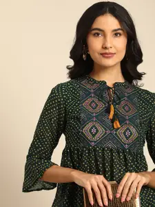 all about you Green Geometric Printed Thread Work Embroidered Empire Top