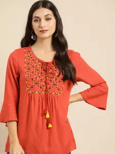 all about you Ethnic Motifs Yoke Design Tie-Up Neck Bell Sleeves Thread Work A-Line Kurti