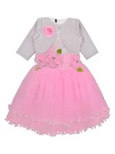 Wish Karo Pink & White Colourblocked Net Dress With Jacket