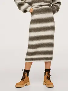 MANGO Women Grey & Off-White Striped Print Midi Skirt