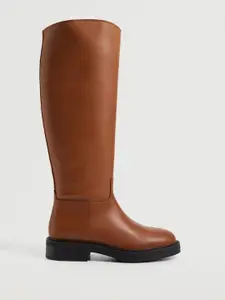 MANGO Women Tan Brown Solid High-Top Leather Slim Heel Regular Boots