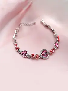 Yellow Chimes Women Pink & Silver-Plated Heart Crystal Charm Bracelet