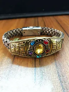 Yellow Chimes Men Brown & Gold-Toned Crystal Leather Avengers Infinity Bracelet