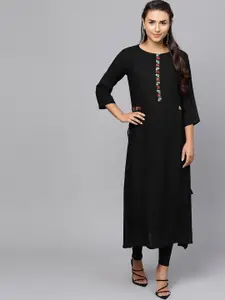 Indo Era Women Black Floral Thread Work Kurta