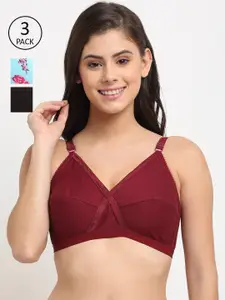Friskers Pack Of 3 Maroon & Turquoise Blue Non-Padded Cotton Bra O-312-14-313-20-318-01-30