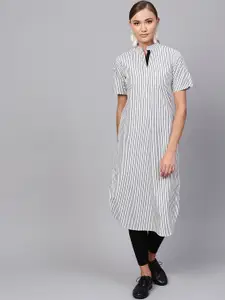Indo Era Women White & Blue Striped Pathani Kurta