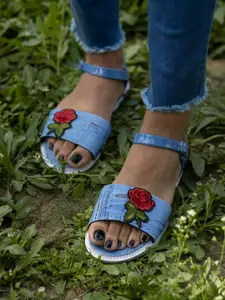 Brauch Women Blue Embellished Open Toe Flats with Buckles