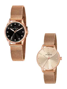 CARLINGTON Women Set Of 2 Stainless Steel Bracelet Style Straps Analogue Watches