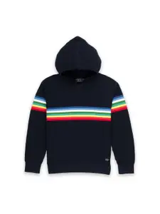 Status Quo Boys Navy Blue Striped Cotton Hooded Pullover