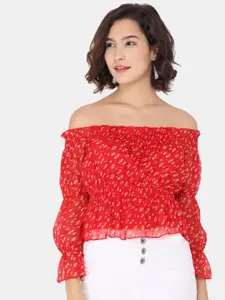 Trend Arrest Red Floral Print Off-Shoulder Chiffon Bardot Top