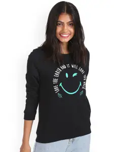 Sugr Women Black Round Neck Printed Sweatshirt