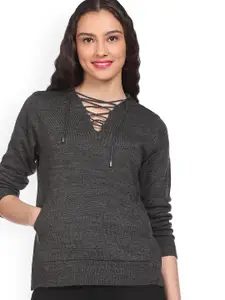 Sugr Women Grey Drawstring Hooded Long Sleeves Solid Sweatshirt