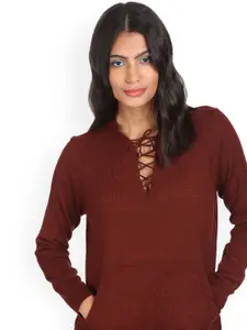 Sugr Women Red Drawstring Hooded Long Sleeves Solid Sweatshirt