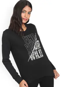 Sugr Women Black Round Neck Printed Sweatshirt
