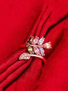 Yellow Chimes Rose Gold-Toned & Pink CZ-Studded Adjustable Finger Ring