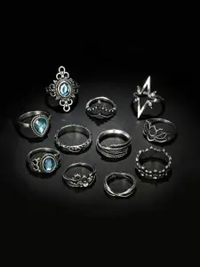 Yellow Chimes Set of 11 Silver Toned Boho Vintage Midi Finger Oxidised Silver Rings