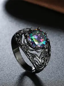 Yellow Chimes Women Black Night Queen Platinum Plated A5 Grade Crystal Ring