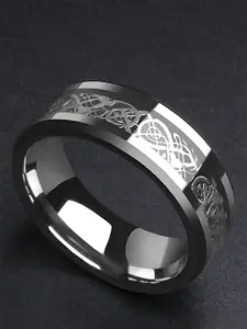 Yellow Chimes Men Silver-Toned Dragon Celtic Inlay Polish Finis Stainless Steel Finger Ring