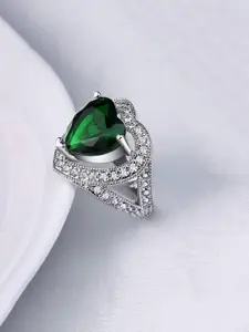 Yellow Chimes Silver-Toned Platinum-Plated Green & White Crystal Studded Finger Ring