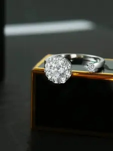 Yellow Chimes Women Silver Toned Zircon Crystal Rotating Adjustable Ring