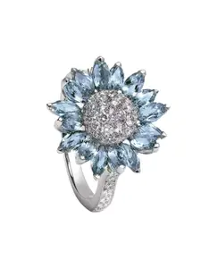 Yellow Chimes Silver-Toned & Blue Silver-Plated Blue & White Crystal Studded Finger Ring