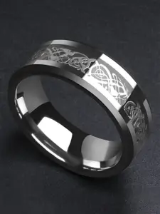 Yellow Chimes Men Silver-Toned Dragon Celtic Inlay Polish Finger Ring