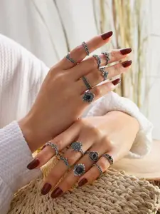 Yellow Chimes Women Silver Plated Set of 15 Boho Vintage Style Finger Rings