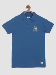 abof Boys Blue Varsity Printed Polo Collar Slim Fit T-shirt