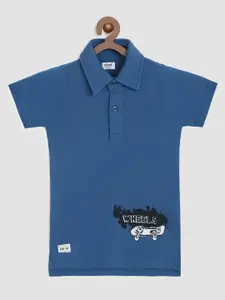 abof Boys Blue Sports Printed Polo Collar Slim Fit Cotton T-shirt
