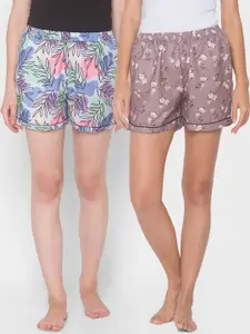 FashionRack Women Pink & Blue Pack Of 2 Printed Lounge Shorts