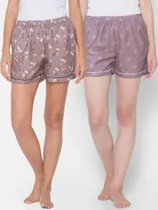FashionRack Women Pack Of 2 Brown & Purple Printed Lounge Shorts