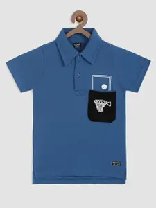 abof Boys Blue Sports Printed Polo Collar Slim Fit Cotton T-shirt