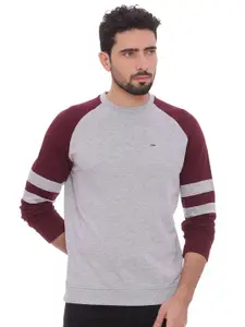 Basics Men Grey & Maroon Colourblocked Cotton Pullover