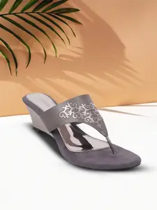 Mochi Grey Printed Ethnic Wedge Sandals