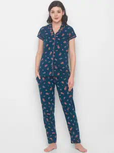 AV2 Women Blue & Coral Printed Pure Cotton Night suit