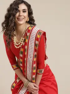 Mitera Red Embroidered Chanderi Saree