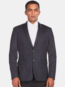 Arrow Men Blue & Grey Striped Single Breasted Formal Blazer