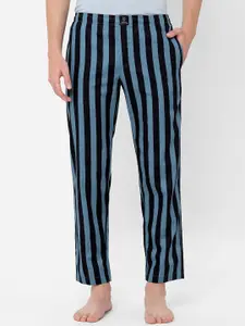 URBAN SCOTTISH Men Blue & Black Striped Pure Cotton Lounge Pants