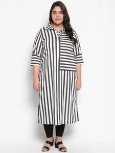 Amydus Women Plus Size Black & White Striped Cotton Blend Kurta